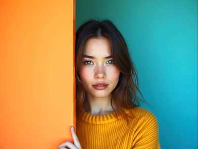 Young Woman Peeking From Behind An Orange Wall