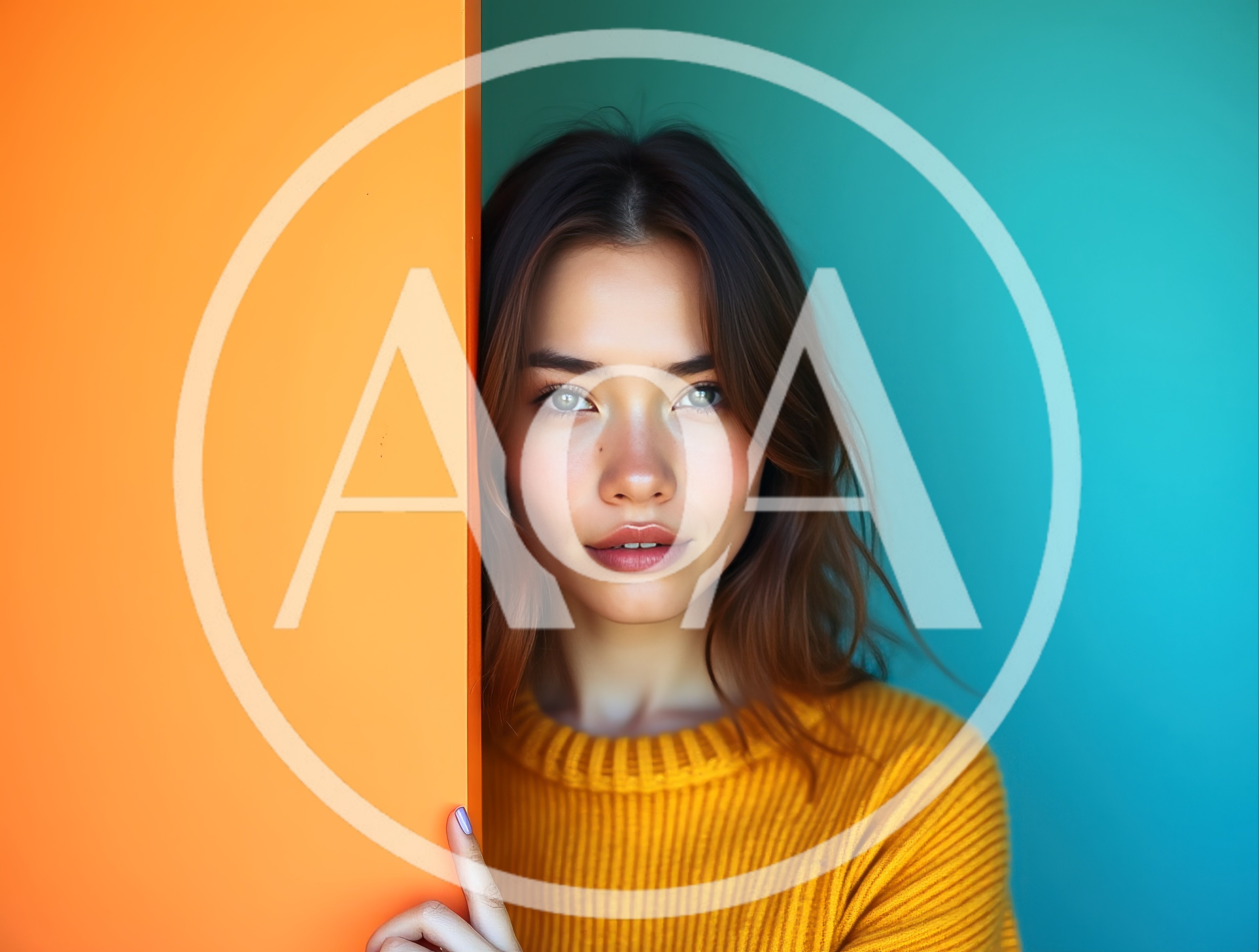 Young Woman Peeking From Behind An Orange Wall