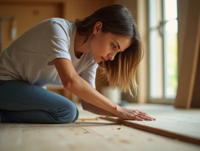 Young Woman Installing Wooden Flooring In A Home