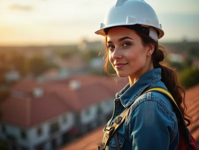Female Construction Engineer Wearing Hard Hat On Rooftop