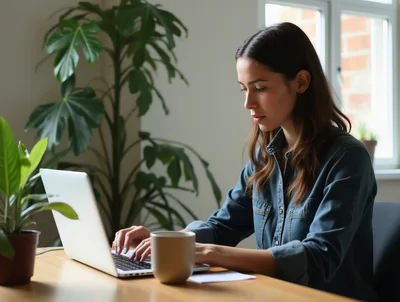Young Woman Working On Laptop At Home Office