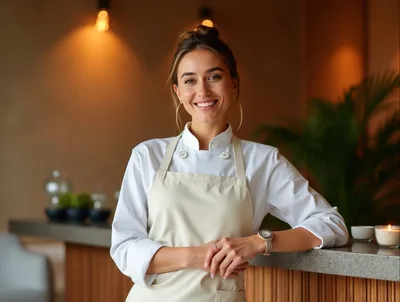 Smiling Female Chef Standing Behind Restaurant Counter