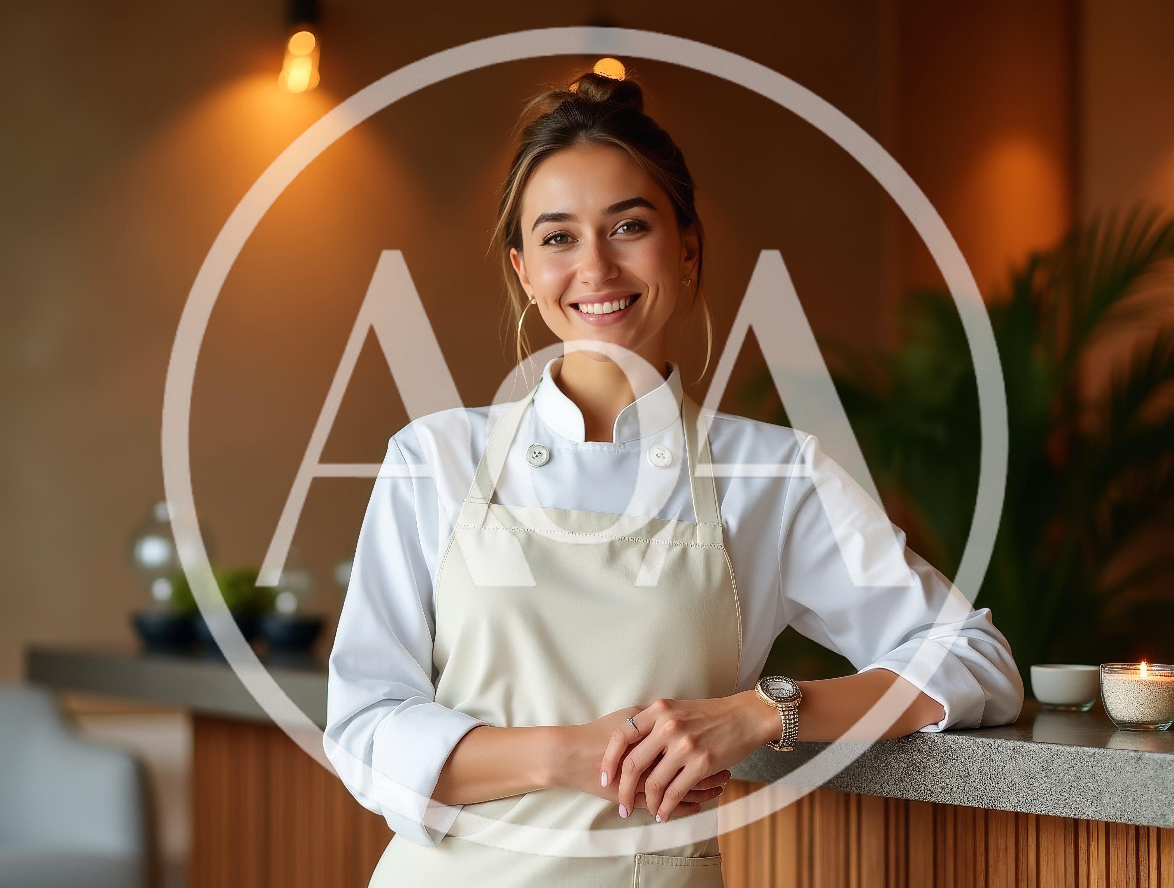 Smiling Female Chef Standing Behind Restaurant Counter