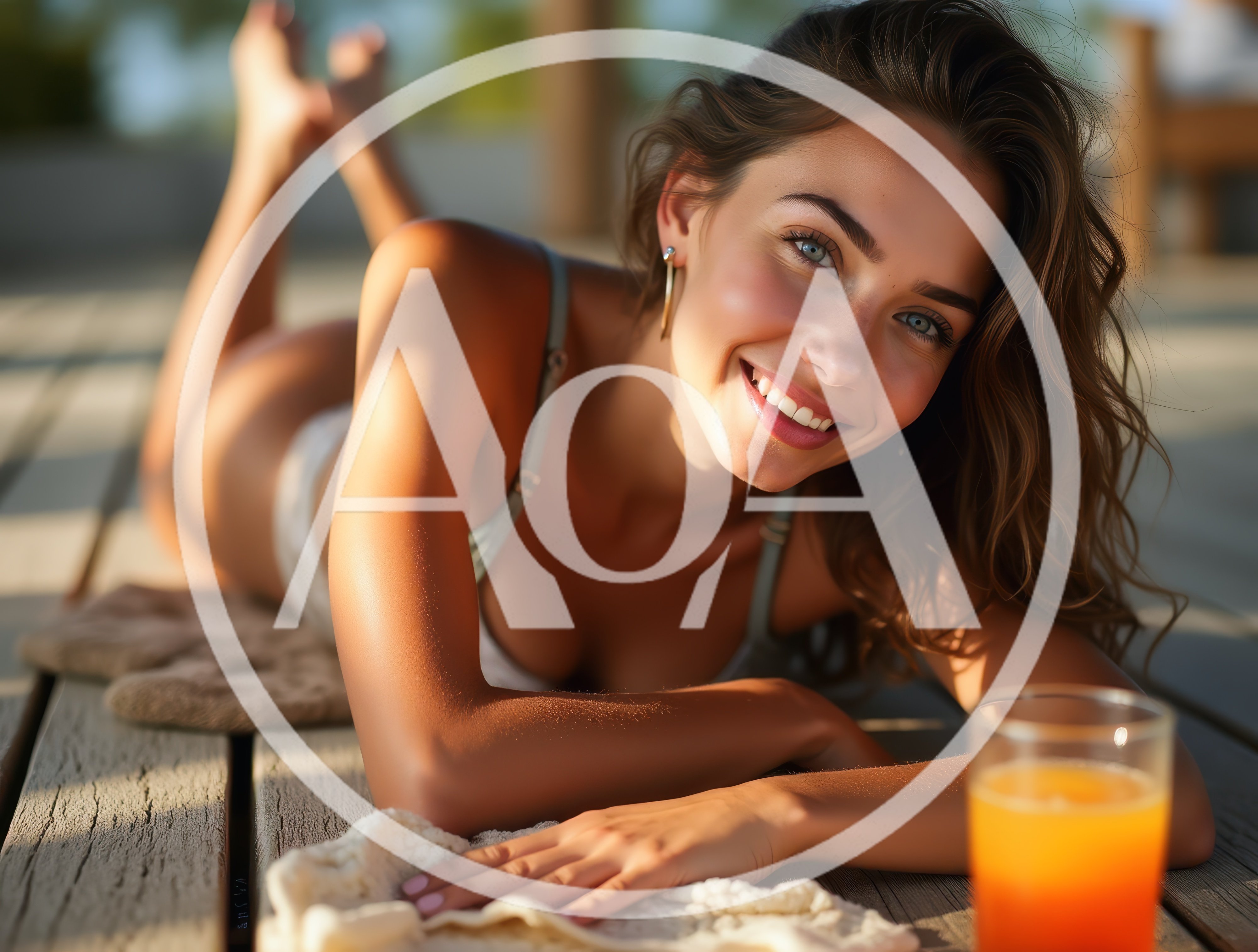 Young Woman Relaxing On Wooden Deck With Orange Juice