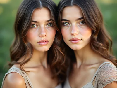 Portrait Of Two Identical Twin Sisters Outdoors