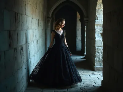 Elegant Woman In Black Gown Walking Through Stone Corridor