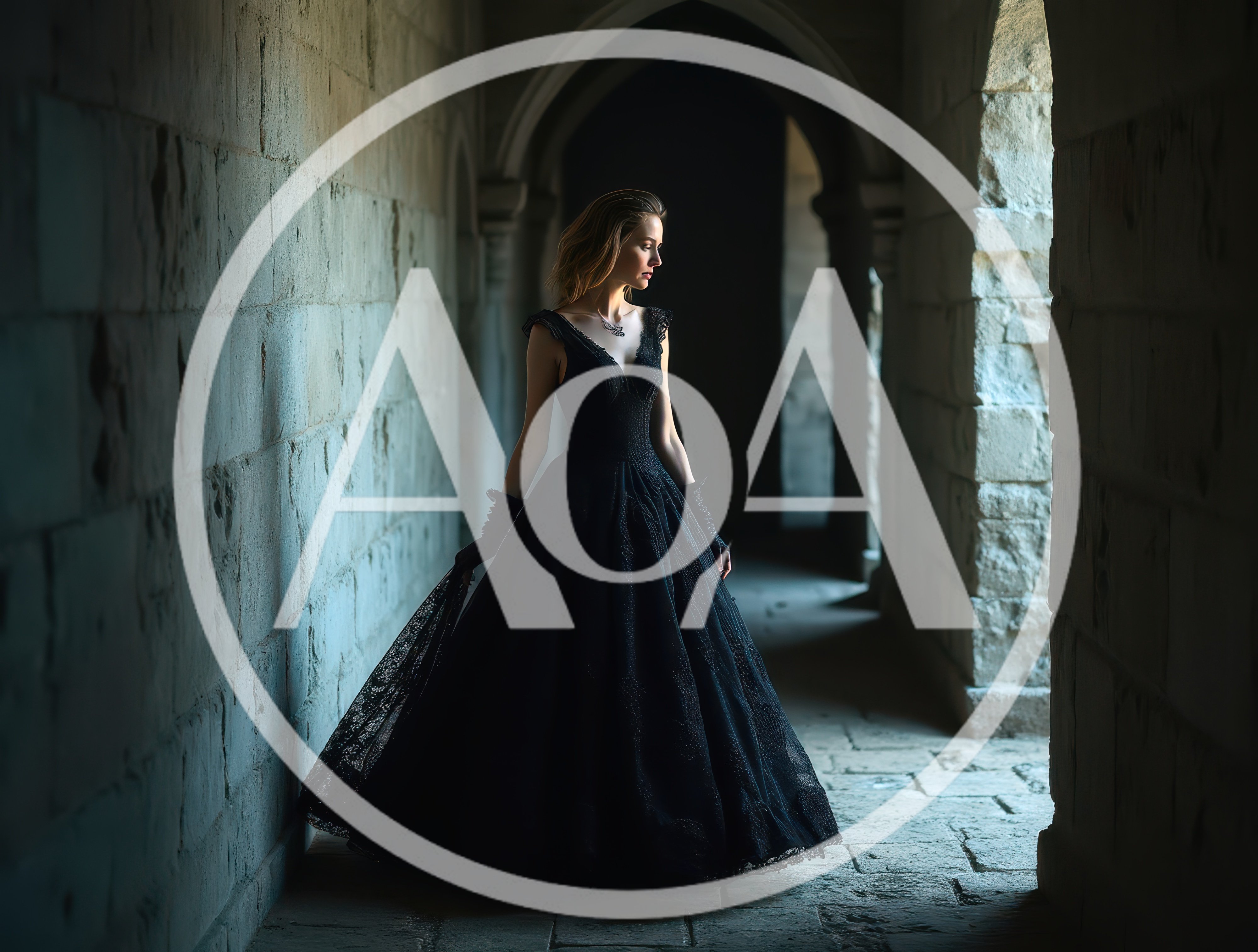 Elegant Woman In Black Gown Walking Through Stone Corridor