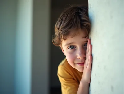 Young Boy Peeking Around A Corner