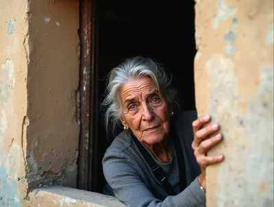 Elderly Woman Looking Out From A Rustic Window