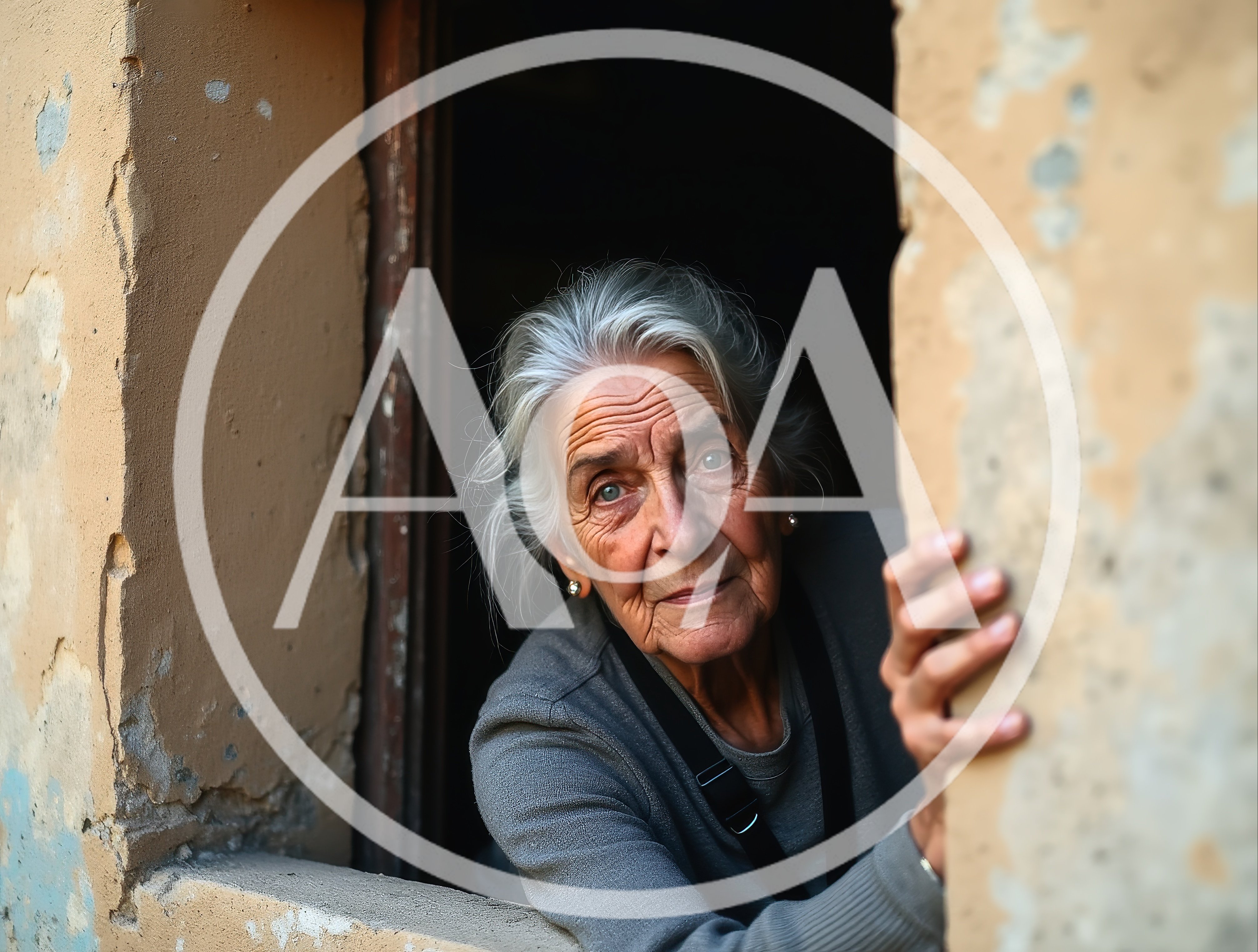 Elderly Woman Looking Out From A Rustic Window