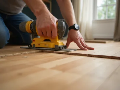 Man Using Electric Sander On Wooden Floor