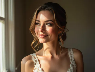Portrait Of A Radiant Bride Standing By A Window