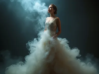 Elegant Bride Standing In A Cloud Of Smoke