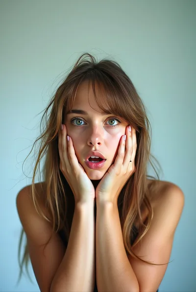 Young Woman With Surprised Expression Holding Her Face