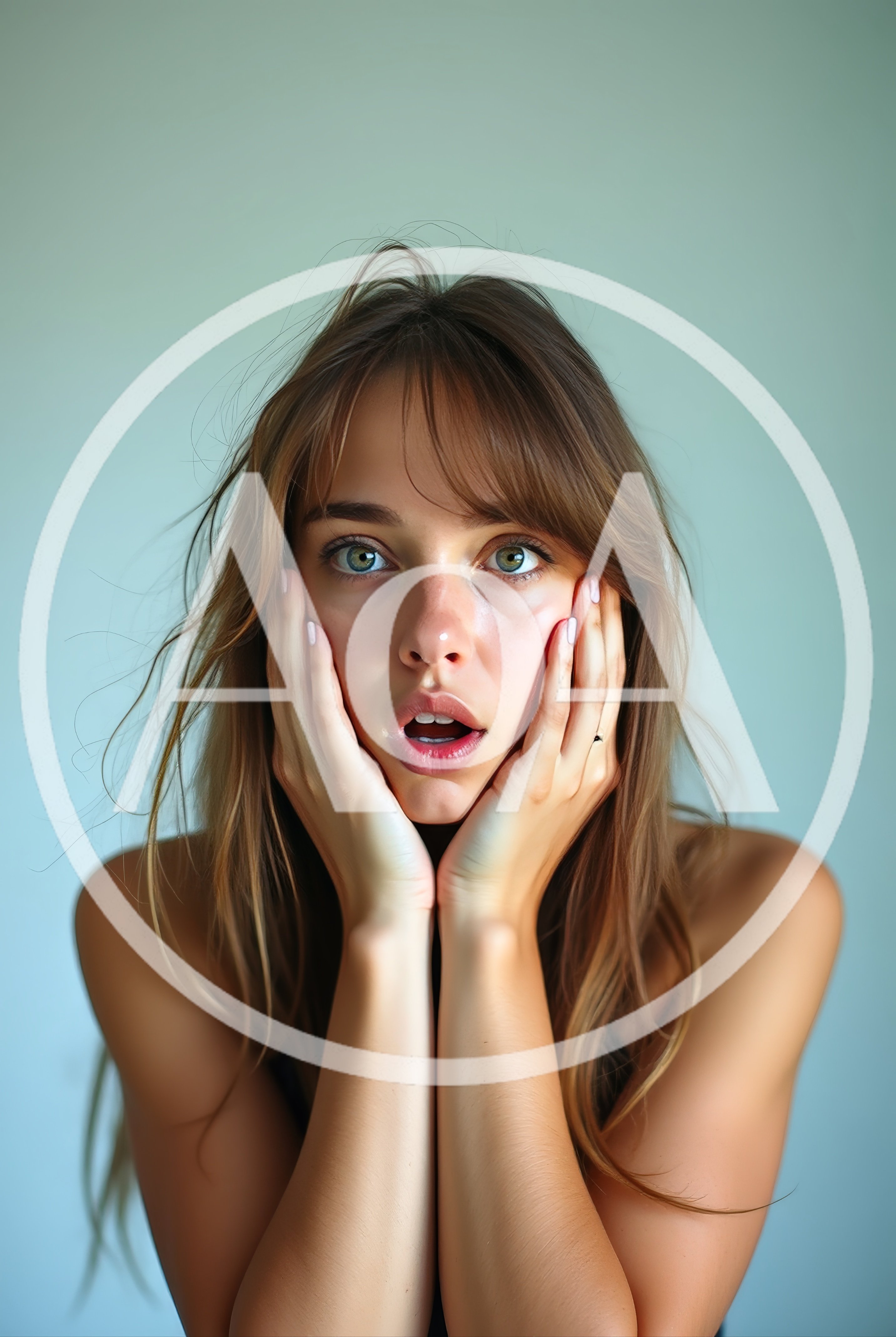 Young Woman With Surprised Expression Holding Her Face