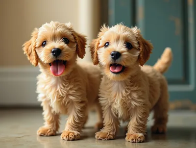 Two Adorable Fluffy Goldendoodle Puppies Standing Together