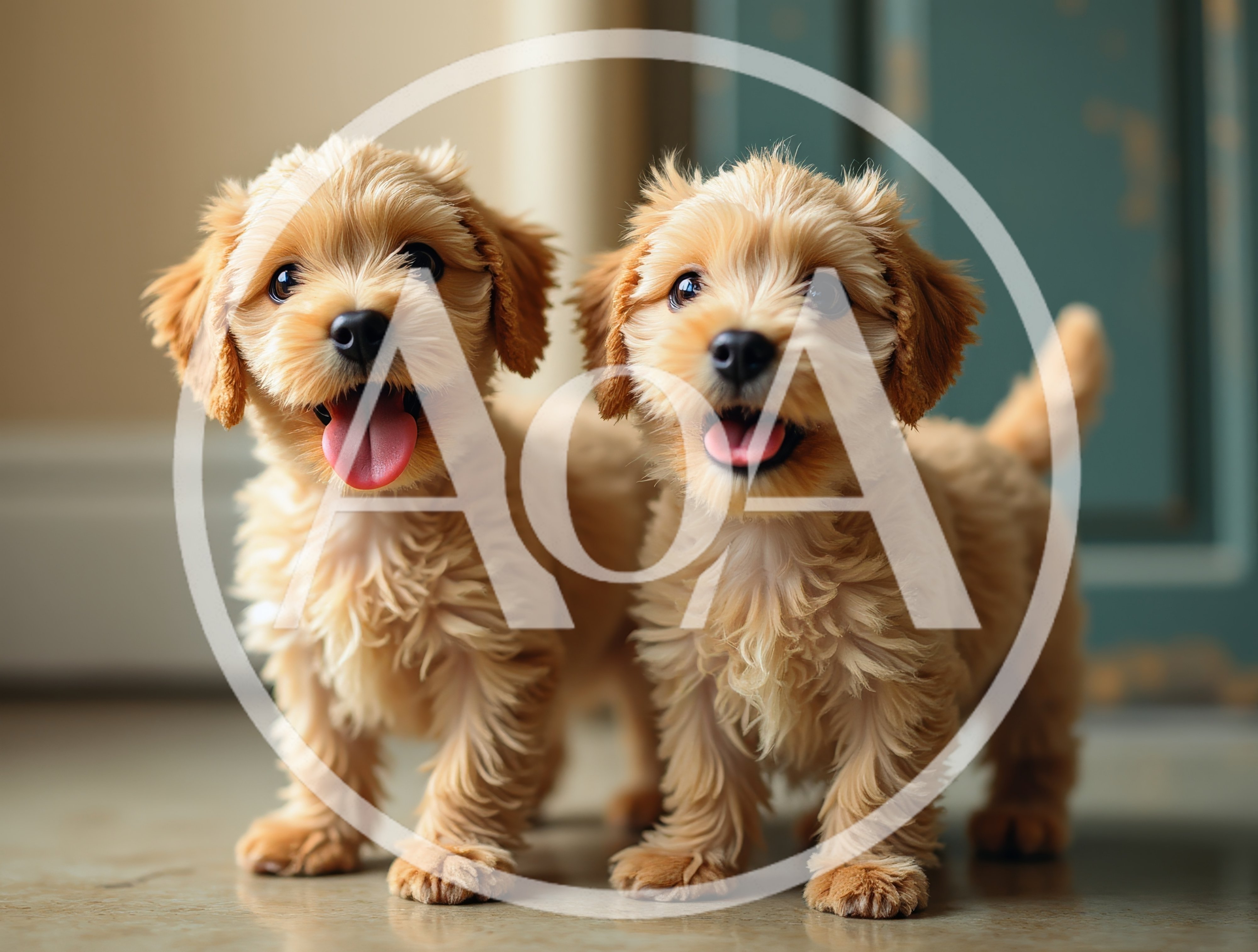 Two Adorable Fluffy Goldendoodle Puppies Standing Together