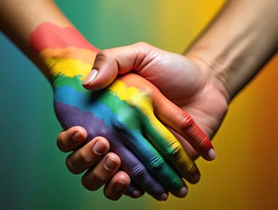 Two Hands Joined Together With Rainbow Pride Paint