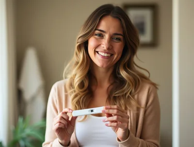 Smiling Woman Holding A Positive Pregnancy Test