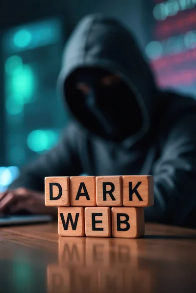 Hacker Working Behind Dark Web Wooden Blocks