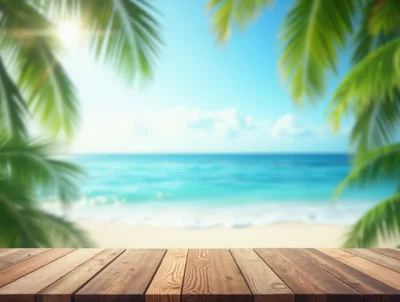 Empty Wooden Table Overlooking Tropical Beach
