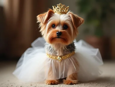 Adorable Yorkshire Terrier Wearing A Princess Crown And Tutu