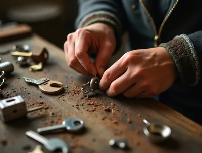 Locksmith Working on Metal Keys at Workbench