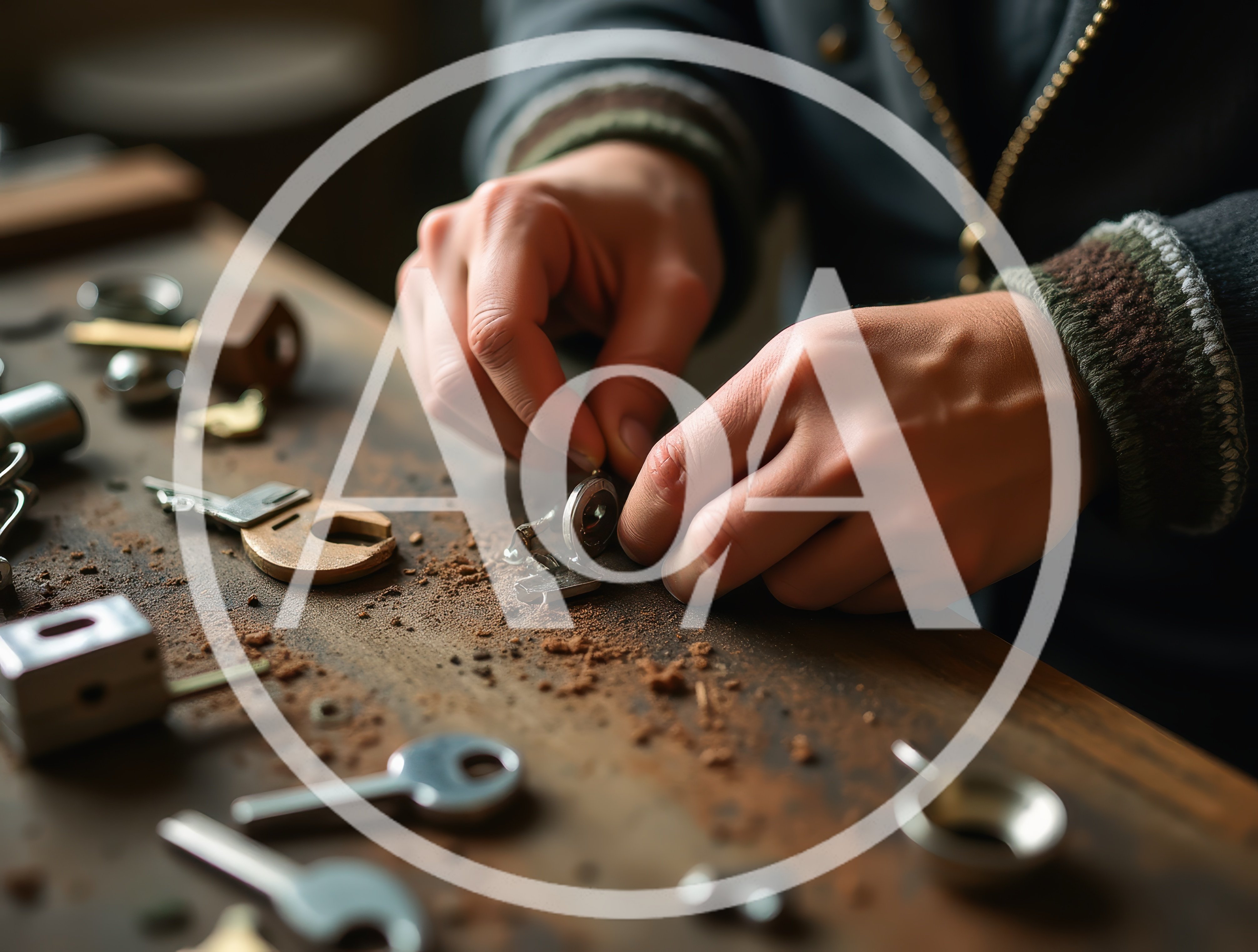 Locksmith Working on Metal Keys at Workbench
