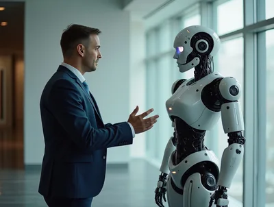 Businessman Having A Conversation With A Humanoid Robot