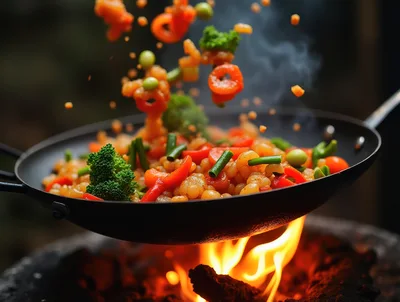 Stir Fry Vegetables Cooking In A Wok Over Fire