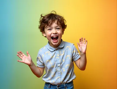 Excited Young Boy With Curly Hair Laughing