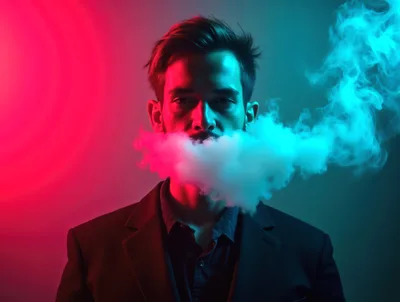 Man Exhaling Thick Smoke In Neon Lighting