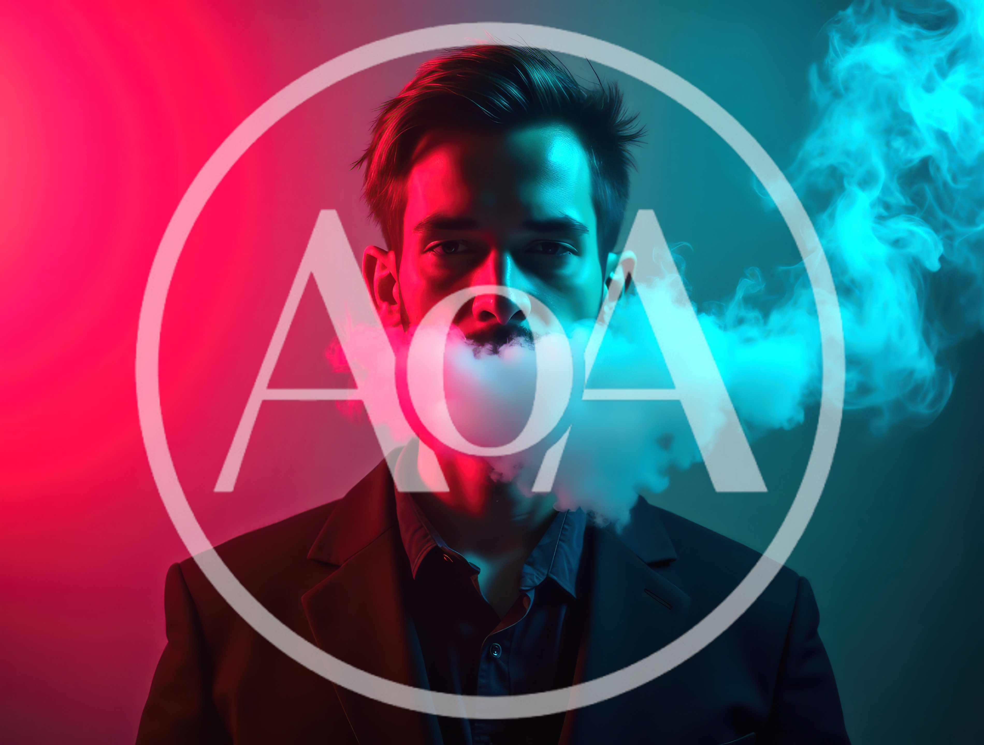 Man Exhaling Thick Smoke In Neon Lighting