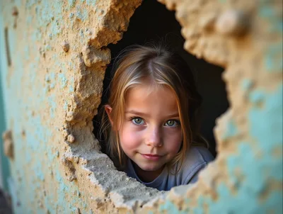 Young Girl Peering Through A Hole In A Wall