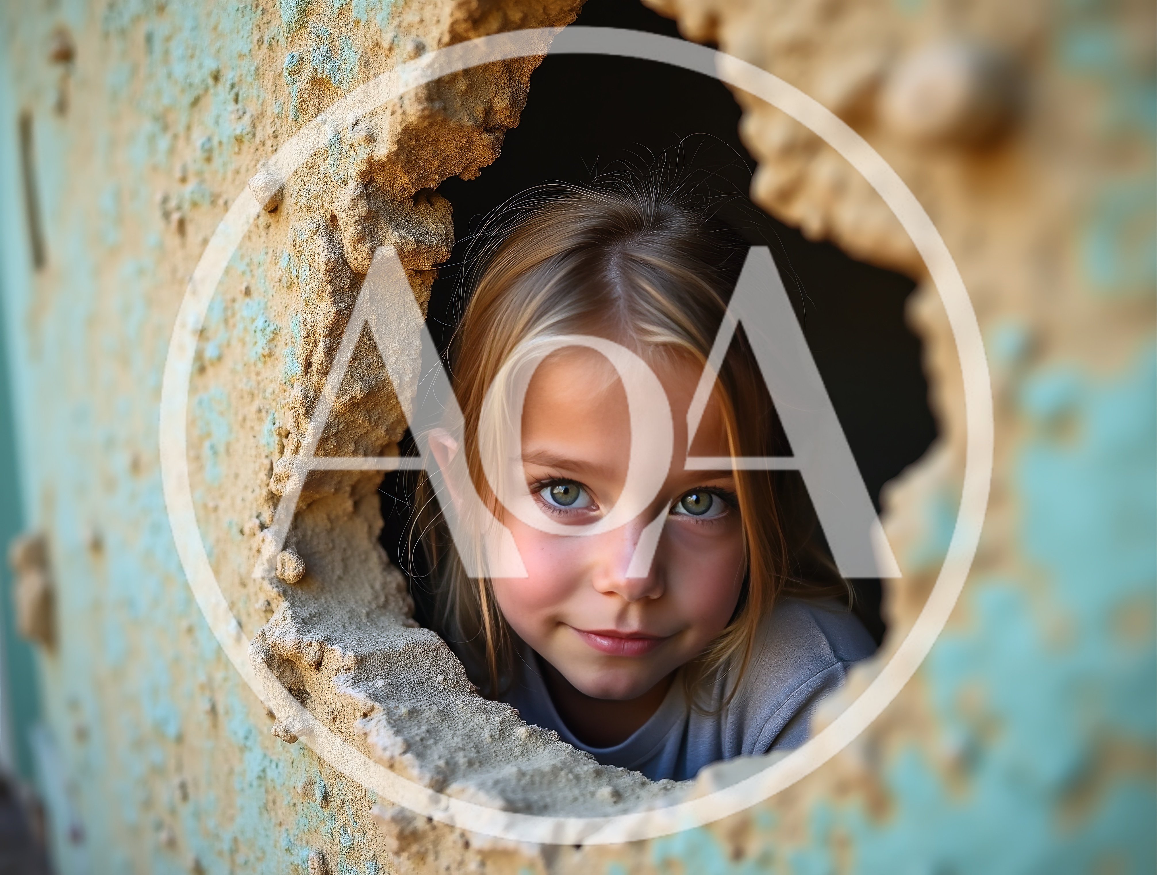 Young Girl Peering Through A Hole In A Wall