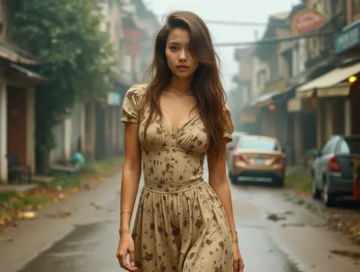 Young Woman Walking Down A Misty Street