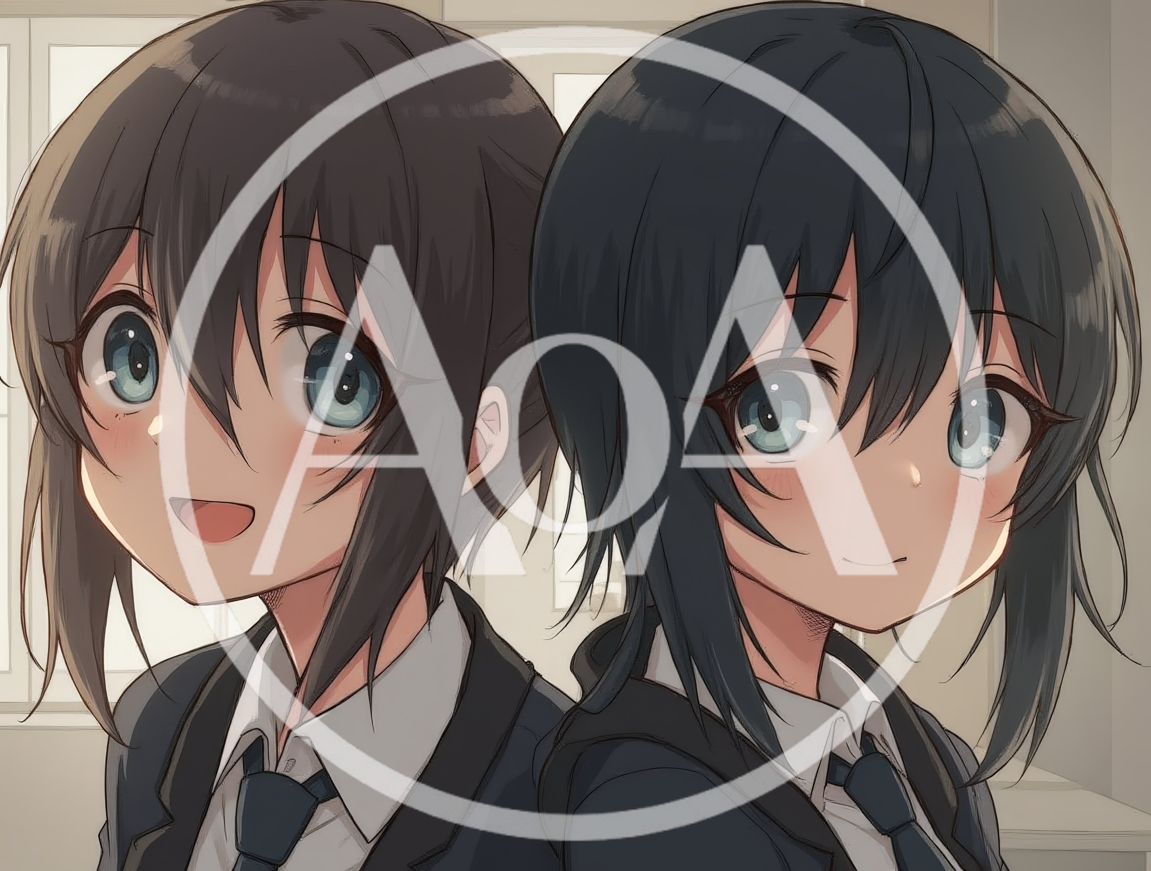 Two Anime Schoolgirls Standing Back To Back