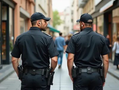 Two Police Officers Patrolling A Busy City Street