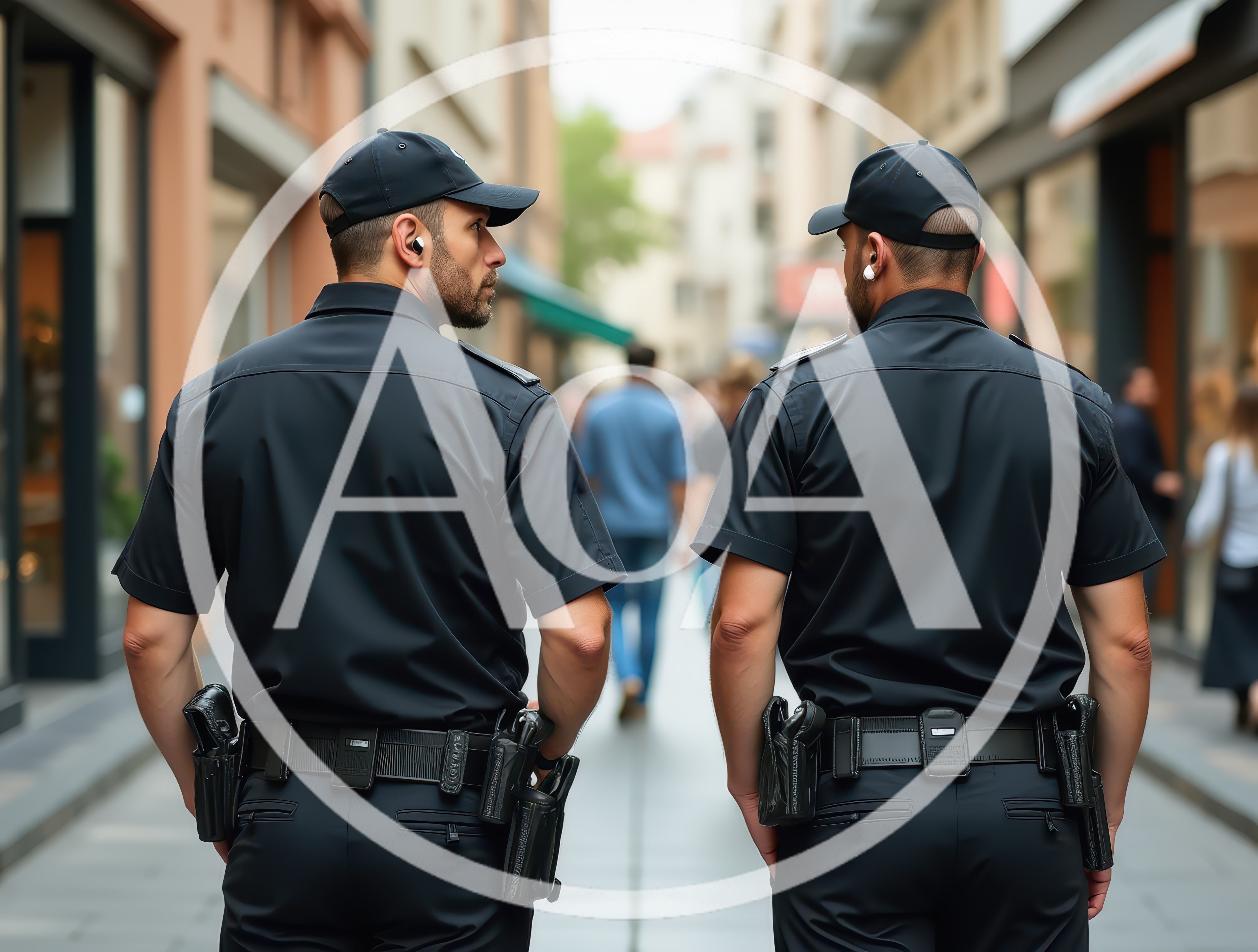 Two Police Officers Patrolling A Busy City Street