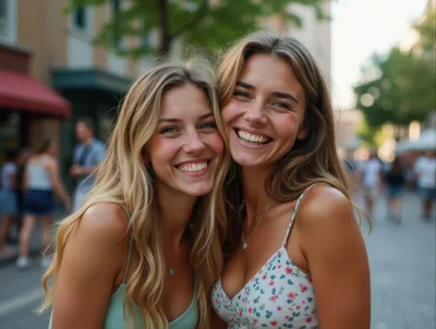 Two Young Women Smiling Together Outdoors