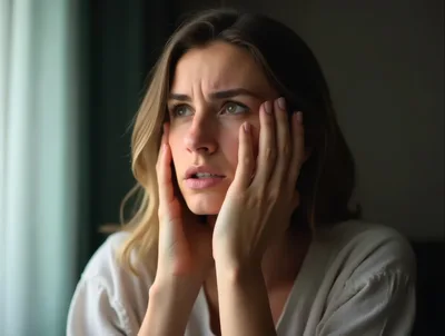 Stressed Young Woman Holding Her Face In Concern
