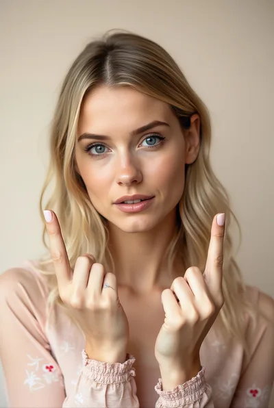 Young Blonde Woman Pointing Upwards With Both Hands