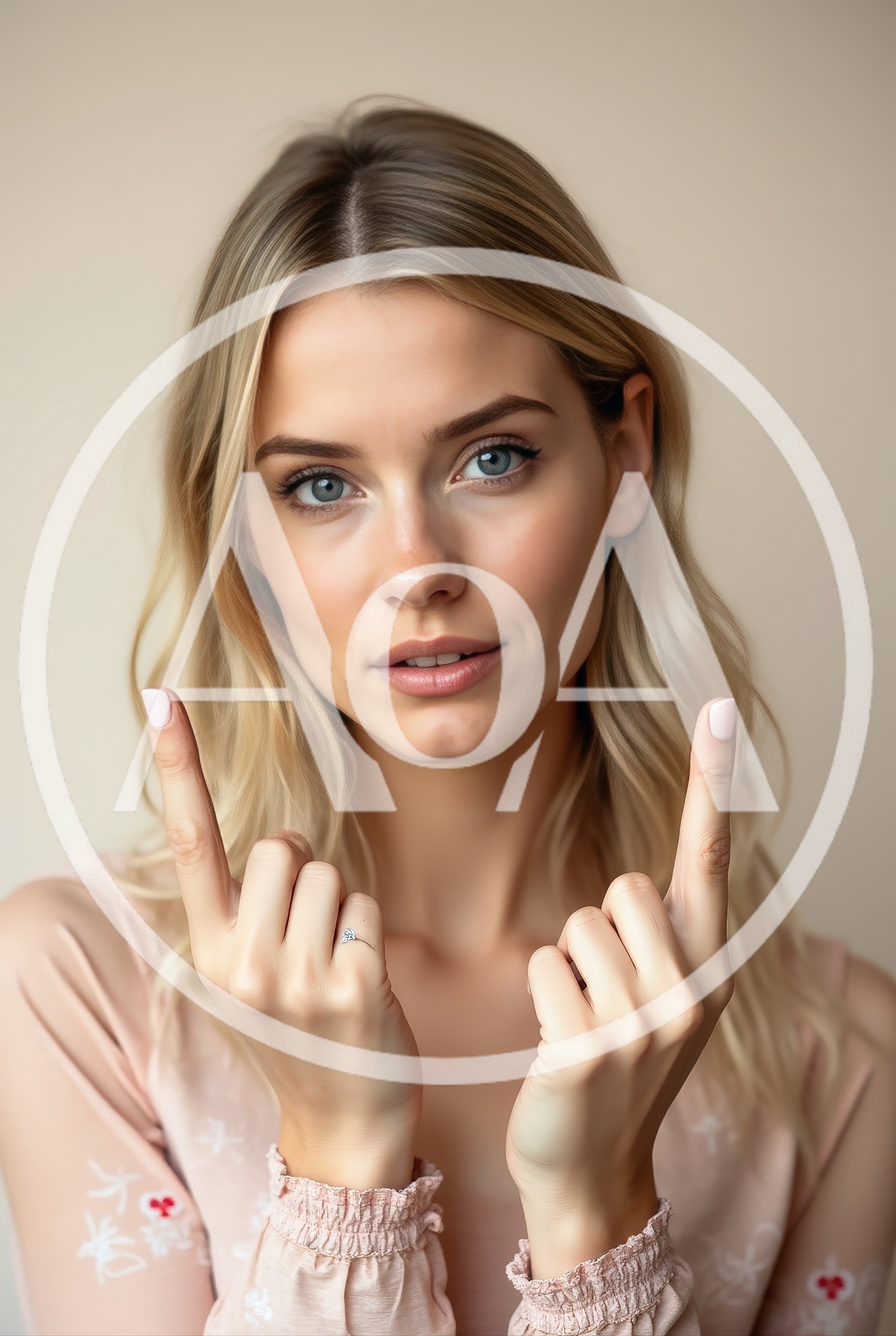 Young Blonde Woman Pointing Upwards With Both Hands
