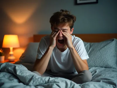 Tired Young Man Yawning While Sitting On Bed