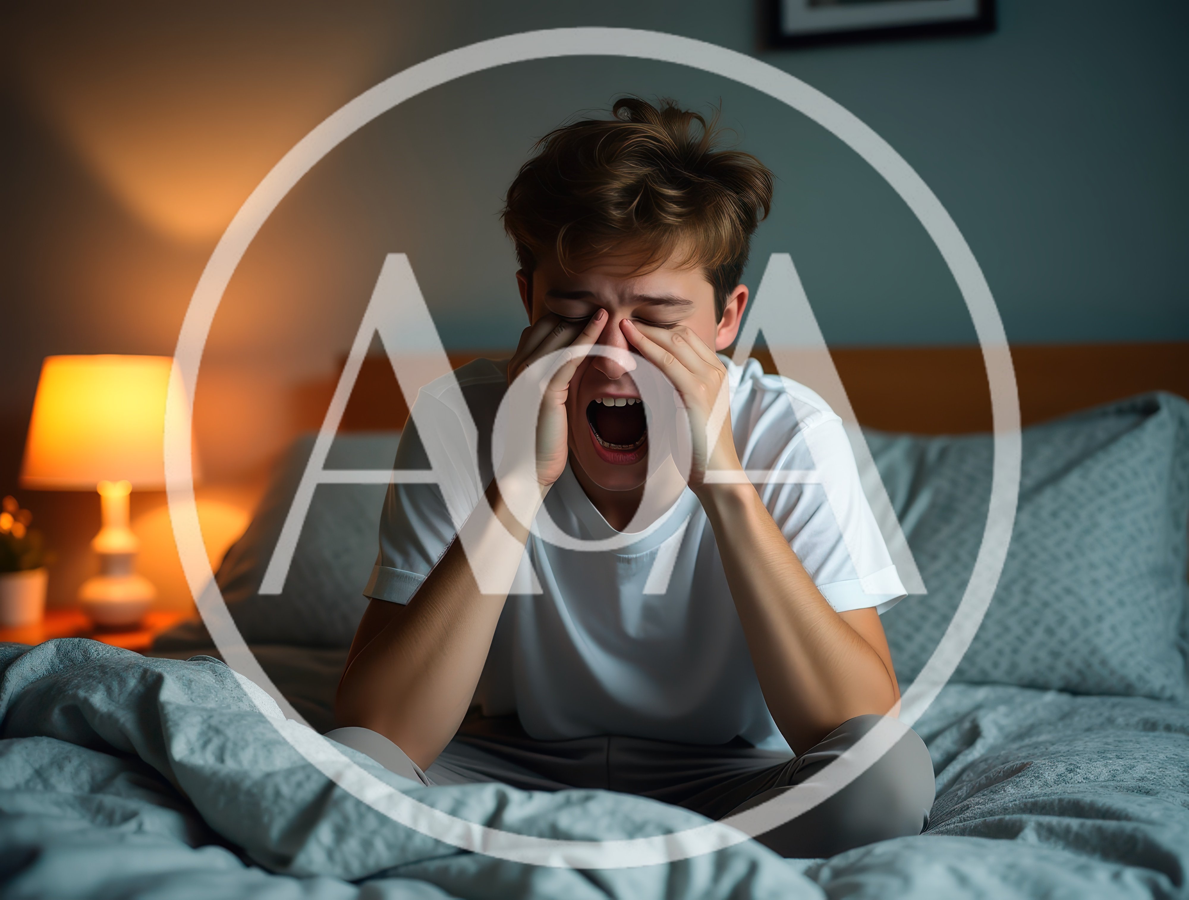 Tired Young Man Yawning While Sitting On Bed