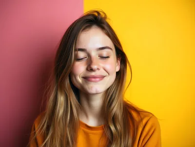 Young Woman Smiling With Eyes Closed Against Colorful Background