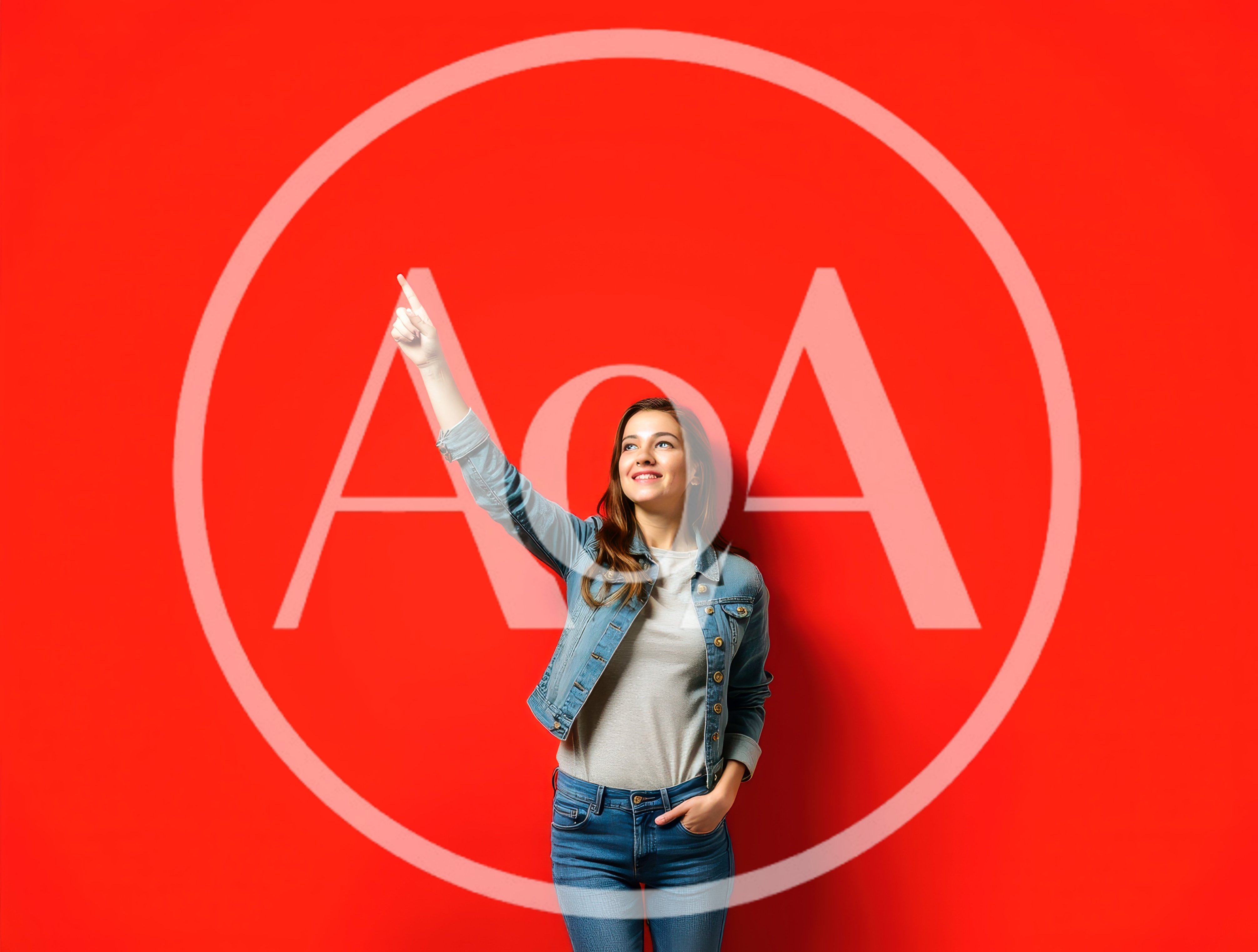 Young Woman Pointing Upwards Against Red Background