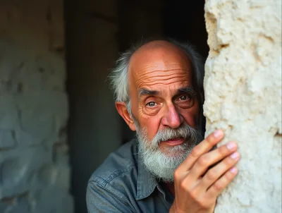 Elderly Man Peeking From Behind A Stone Wall