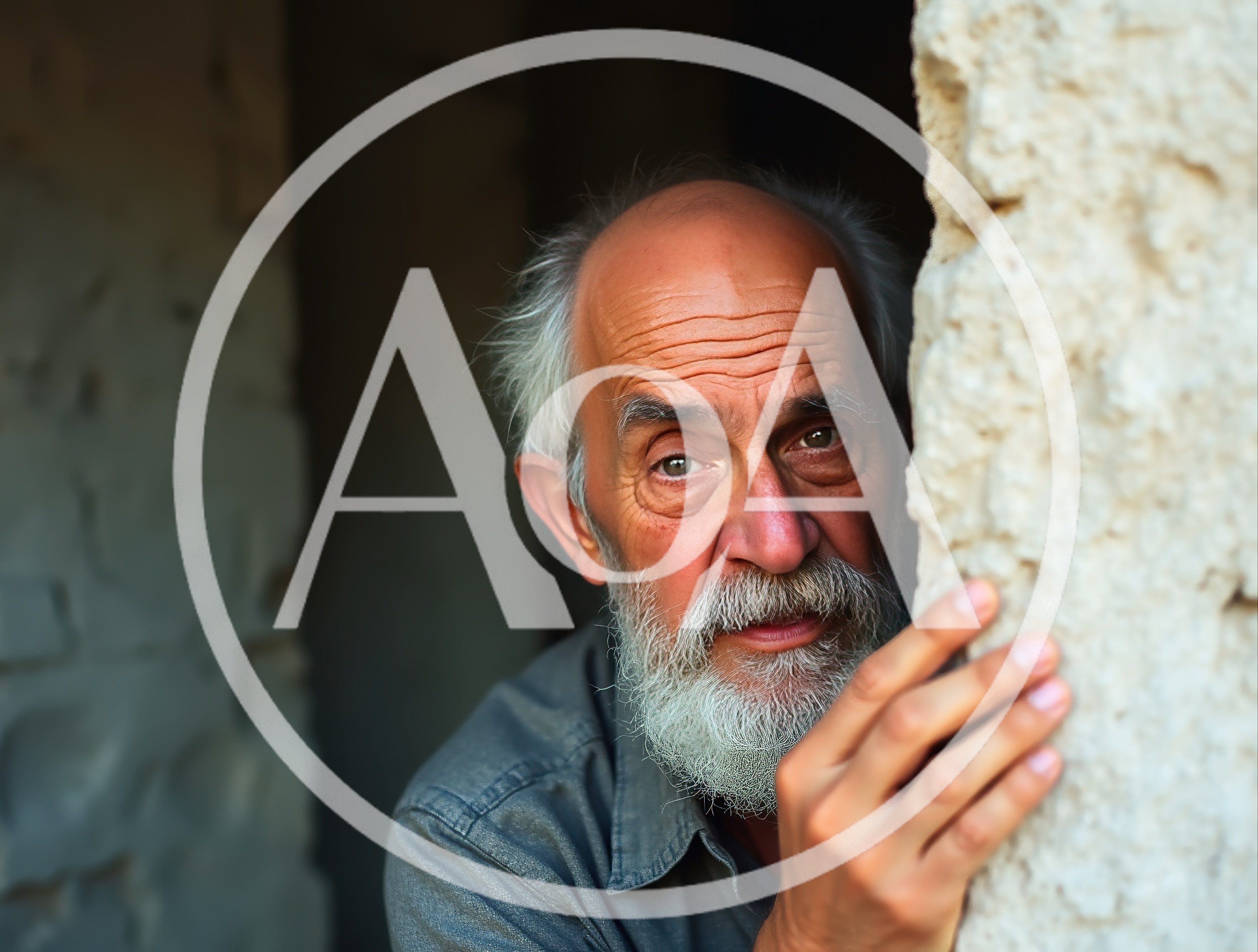 Elderly Man Peeking From Behind A Stone Wall