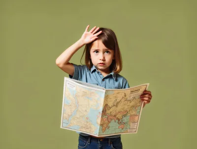 Young Girl Holding A World Map Looking Confused